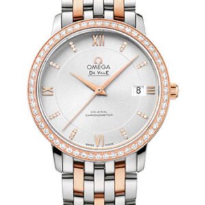 Omega De Ville Prestige Co-Axial Watch - 36.8 mm Steel And Red Gold Case - Diamond-Set Red Gold Bezel - Silver Diamond Dial - Two-Tone Steel And Red Gold Bracelet - 424.25.37.20.52.001