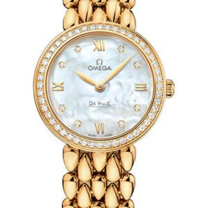 Omega De Ville Prestige Quartz Dewdrop Watch - 27.4 mm Yellow Gold Case - Radiant Diamond-Set Bezel - Mother-Of-Pearl Dial - 424.55.27.60.55.006