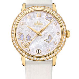 Omega De Ville Prestige Co-Axial Watch - 36.8 mm Yellow Gold Case - Diamond Bezel - Mother-Of-Pearl Diamond Dial - White Leather Strap - 424.57.33.20.55.003