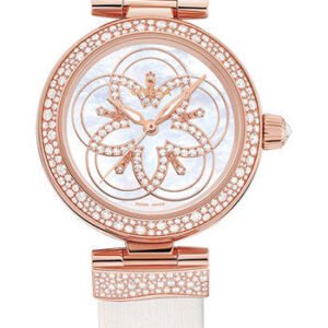 Omega De Ville Ladymatic Omega Co-Axial Watch - 34 mm Sedna Gold Case - Diamond Bezel - White Dial - White Leather Strap - 425.67.34.20.55.009