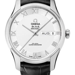 Omega De Ville Hour Vision Co-Axial Master Chronometer Annual Calendar Watch - 41 mm Steel Case - Two-Zone -Silver Dial - Black Leather Strap - 433.13.41.22.02.001