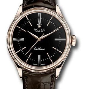 Rolex Cellini Time Watch - Everose - Black Dial - Brown Leather Strap - 50505 bkbr