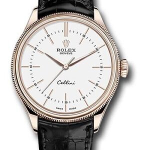 Rolex Cellini Time Watch - Everose - White Dial - Black Leather Strap - 50505 wbk