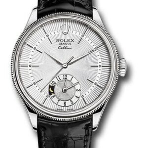 Rolex Cellini Dual Time Watch - White Gold - Silver Dial - Black Leather Strap - 50529 sbk