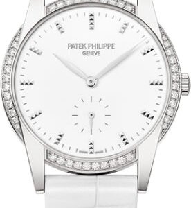 Patek Philippe Ladies Calatrava 33mm White Hobnail Index Diamond Bezel White Gold Leather - 7122-200G-001