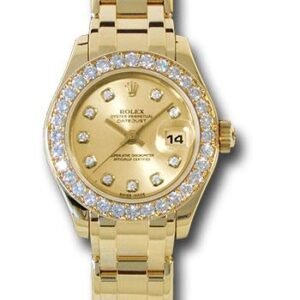 Rolex Yellow Gold Lady-Datejust Pearlmaster 29 Watch - 32 Diamond Bezel - Champagne Diamond Dial - 80298 chd