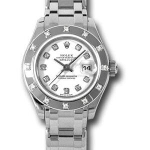Rolex White Gold Lady-Datejust Pearlmaster 29 Watch - 12 Diamond Bezel - White Diamond Dial - 80319 wd