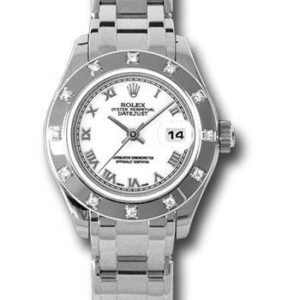 Rolex White Gold Lady-Datejust Pearlmaster 29 Watch - 12 Diamond Bezel - White Roman Dial - 80319 wr