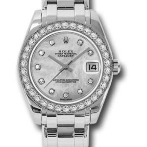 Rolex White Gold Datejust Pearlmaster 34 Watch - 34 Diamond Bezel - White Mother-Of-Pearl Diamond Dial - 81299 md