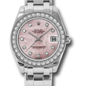 Rolex White Gold Datejust Pearlmaster 34 Watch - 34 Diamond Bezel - Pink Mother-Of-Pearl Diamond Dial - 81299 pmd