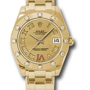 Rolex Yellow Gold Datejust Pearlmaster 34 Watch - 12 Diamond Bezel - Champagne Ruby Roman Vi Roman Dial - 81318 chrr