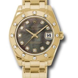 Rolex Yellow Gold Datejust Pearlmaster 34 Watch - 12 Diamond Bezel - Black Mother-Of-Pearl Diamond Dial - 81318 dkmd