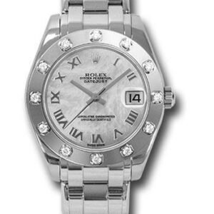 Rolex White Gold Datejust Pearlmaster 34 Watch - 12 Diamond Bezel - White Mother-Of-Pearl Roman Dial - 81319 mr