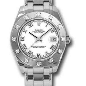 Rolex White Gold Datejust Pearlmaster 34 Watch - 12 Diamond Bezel - White Roman Dial - 81319 wr