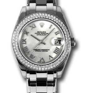 Rolex White Gold Datejust Pearlmaster 34 Watch - 116 Diamond Bezel - Mother-Of-Pearl Roman Dial - 81339 mr