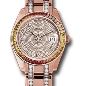 Rolex Everose Gold Datejust Pearlmaster 39 Watch - 48 Orange To Yellow Gradient Baguette-Cut Sapphires Bezel - 18K Everose Gold Diamond Paved Dial - 86345SAJOR dpdb