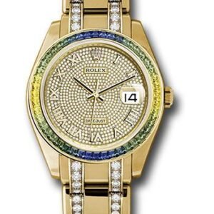 Rolex Yellow Gold Datejust Pearlmaster 39 Watch - 48 Blue To Green Gradient Baguette-Cut Sapphires Bezel - 18K Yellow Gold Diamond Paved Dial - 86348SABLV dpdb