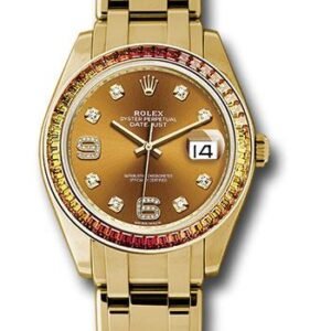 Rolex Yellow Gold Datejust Pearlmaster 39 Watch - 48 Orange To Yellow Gradient Baguette-Cut Sapphires Bezel - Cognac Diamond Dial - 86348SAJOR
