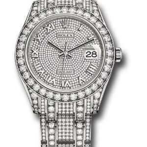 Rolex White Gold Oyster Perpetual Pearlmaster 39 Watch - Diamond Lugs - Diamond Bezel - Diamond Paved Roman Dial - Diamond Paved Bracelet - 86409RBR