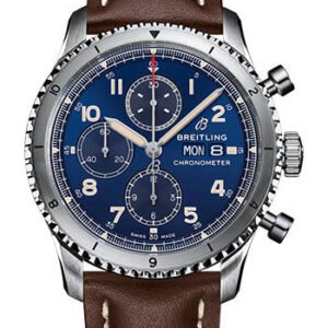 Breitling Aviator 8 Chronograph 43 Watch - Stainless Steel - Blue Dial - Brown Calfskin Leather Strap - Tang Buckle - A13316101C1X2
