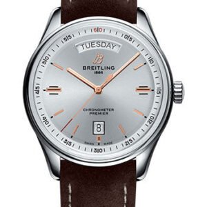 Breitling Premier Automatic Day & Date Watch - 40mm Steel Case - Silver Dial - Brown Nubuck Strap - A45340211G1X1