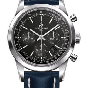 Breitling Transocean Chronograph Watch - Steel - Black Dial - Blue Leather Strap - Folding Buckle - AB015212/BA99/112X/A20D.1