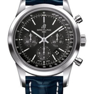 Breitling Transocean Chronograph Watch - Steel - Black Dial - Blue Croco Strap - Folding Buckle - AB015212/BA99/732P/A20D.1