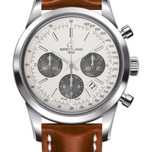 Breitling Transocean Chronograph Watch - Steel - Mercury Silver Dial - Gold Leather Strap - Tang Buckle - AB015212/G724/433X/A20BA.1