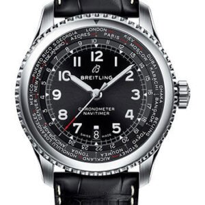 Breitling Aviator 8 B35 Automatic Unitime 43 Watch - Steel Case - Black Dial - Black Croco Strap - AB3521U41B1P1