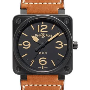 Bell & Ross BR 01-92 Heritage., movement with hours, minutes, seconds, gold calfskin with a hot stamped finish strap