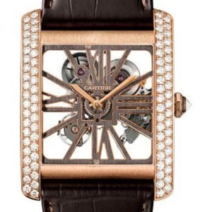 Cartier Tank MC Skeleton Watch - 34.5 mm Pink Gold Diamond Case - Diamond Bezel - Pink Gold Dial - Brown Alligator Strap - HPI00715
