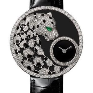 Cartier Panthere Dentelle Watch - 36 mm White Gold Diamond Case - Black Dial - Black Leather Strap - HPI01294