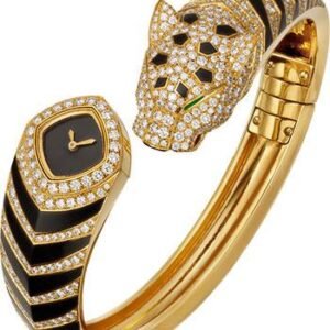 Cartier Panthere de Cartier Bangle Watch - 18 mm Yellow Gold Case - Black Dial - Size 16 Diamond Bracelet - HPI01369