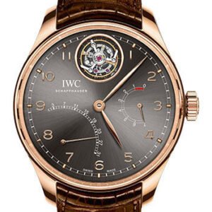 IWC Portugieser Tourbillon Mystere Retrograde Watch - 44.2 mm Red Gold Case - Ardoise Dial - Dark Brown Alligator Strap - IW504602