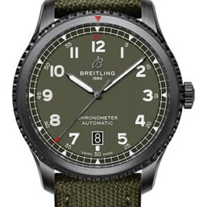 Breitling Aviator 8 Automatic 41 Black Steel Curtiss Warhawk Watch - DLC-Coated Stainless Steel - Green Dial - Khaki Green Calfskin Leather Strap - Folding Buckle - M173152A1L1X2