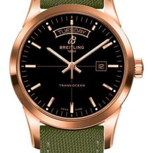 Breitling Transocean Day & Date Watch - 18k Red Gold - Black Dial - Khaki Green Military Strap - Tang Buckle - R4531012/BB70/106W/R20BA.1