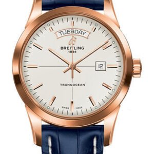 Breitling Transocean Day & Date Watch - 18k Red Gold - Mercury Silver Dial - Blue Croco Strap - Tang Buckle - R4531012/G752/731P/R20BA.1