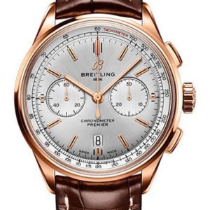 Breitling Premier B01 Chronograph 42 Watch - 18K Red Gold - Silver Dial - Brown Alligator Leather Strap - Tang Buckle - RB0118371G1P1