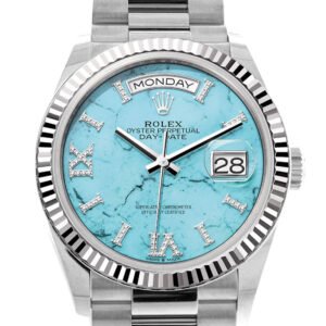 Rolex Day-Date 36 Turquoise Diamond Dial Fluted Bezel White gold President Watch 128239
