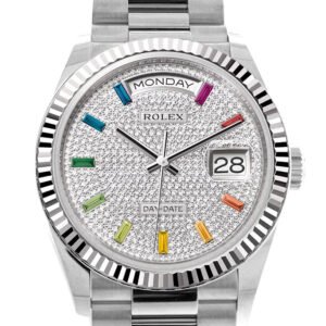 Rolex Day-Date 36 Diamond Paved Dial Fluted Bezel White gold President Watch 128239
