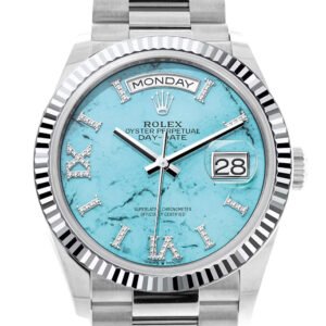 Rolex Day-Date 36 Turquoise Diamond Dial Fluted Bezel Platinum President Watch 128236