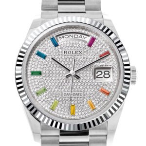 Rolex Day-Date 36 Diamond Paved Dial Fluted Bezel Platinum President Watch 128236