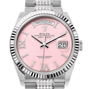Rolex Day-Date 36 Pink Opal Diamond Dial Fluted Bezel White Gold Diamond President Watch 128239