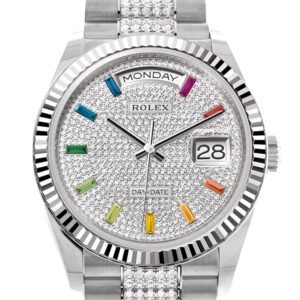 Rolex Day-Date 36 Diamond Paved Diamond Dial Fluted Bezel White Gold Diamond President Watch 128239