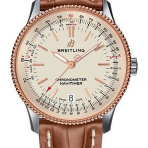 Breitling Navitimer 1 Automatic 38 Watch - Steel and Red Gold Case - Silver Dial - Gold Croco Strap - U17325211G1P1