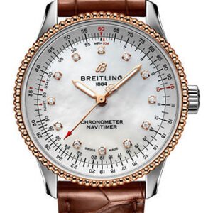 Breitling Navitimer Automatic 35 Watch - Steel and 18K Rose Gold - Mother-Of-Pearl Dial - Brown Alligator Leather Strap - Folding Buckle - U17395211A1P2