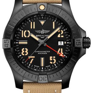 Breitling Avenger Automatic GMT 45 Night Mission Watch - DLC-Coated Titanium - Black Dial - Sand Calfskin Leather Strap - Tang Buckle - V32395101B1X1