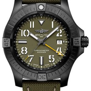 Breitling Avenger Automatic GMT 45 Night Mission Limited Edition Watch - DLC-Coated Titanium - Green Dial - Khaki Green Calfskin Leather Strap - Folding Buckle Limited Edition of 2000 - V323952A1L1X2