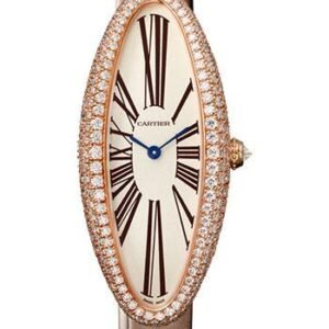 Cartier Baignoire Allongee Watch - 47 mm Pink Gold Diamond Case - Taupe Strap - WJBA0006