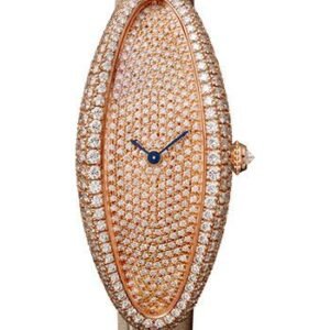 Cartier Baignoire Allongee Watch - 47 mm Pink Gold Diamond Case - Diamond Dial - Taupe Strap - WJBA0010